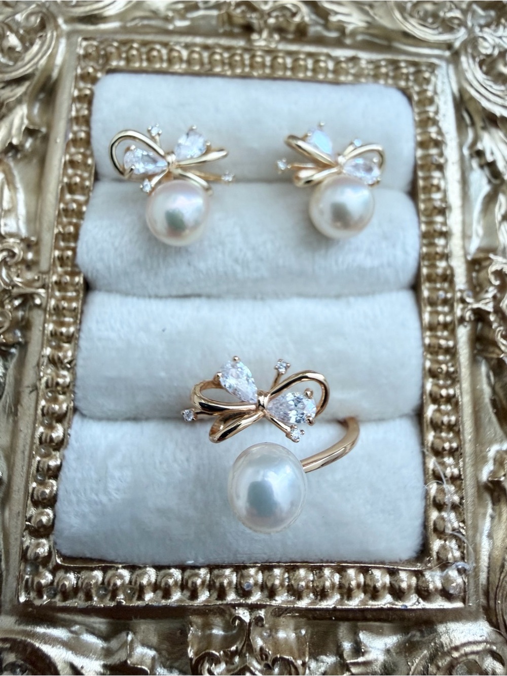 Japanese Akoya Pearl Bow Jewelry Set | S925 Sterling Silver | Adjustable Ring